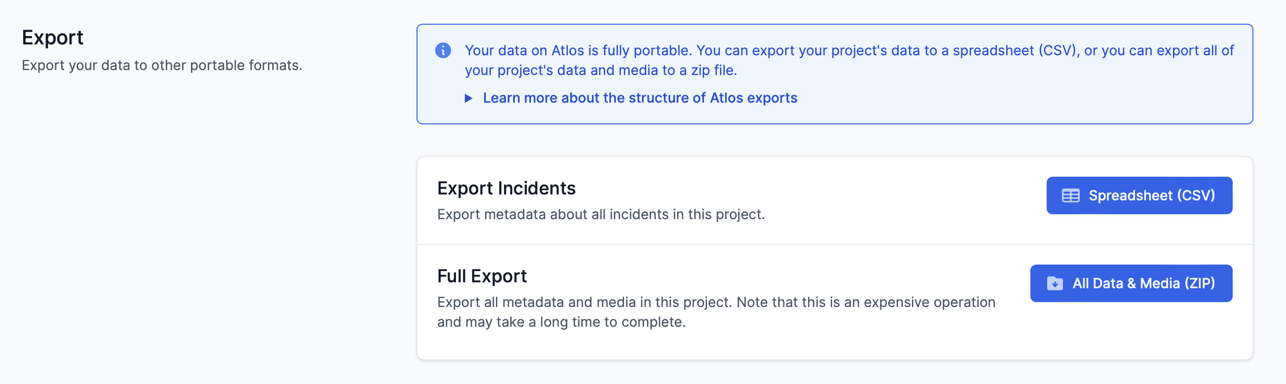 A project’s export options.